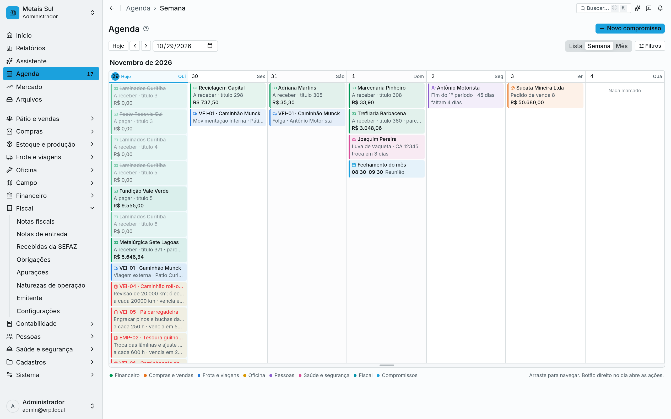Agenda semanal com parcelas, viagens dos caminhões, EPI a trocar, fim de contrato de experiência e compromissos